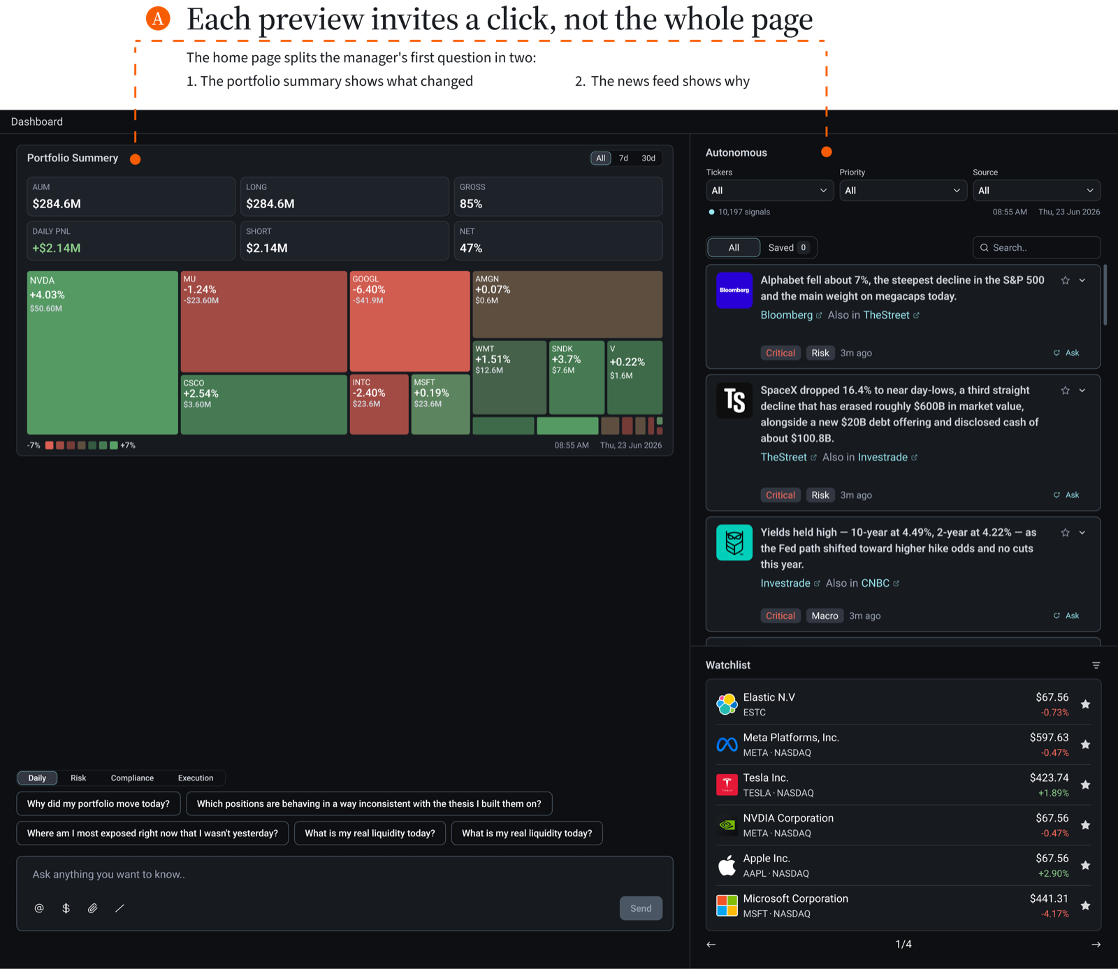 Home page — portfolio summary and Autonomous feed preview