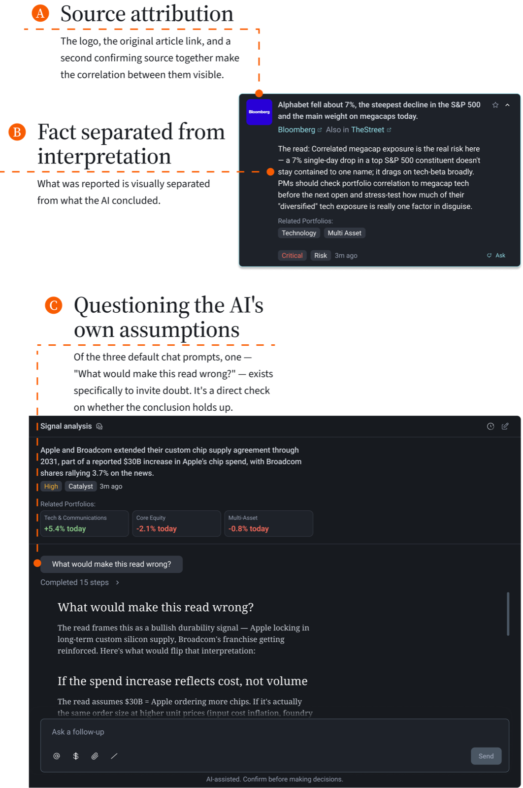 Source attribution, fact vs interpretation, and questioning the AI's own assumptions