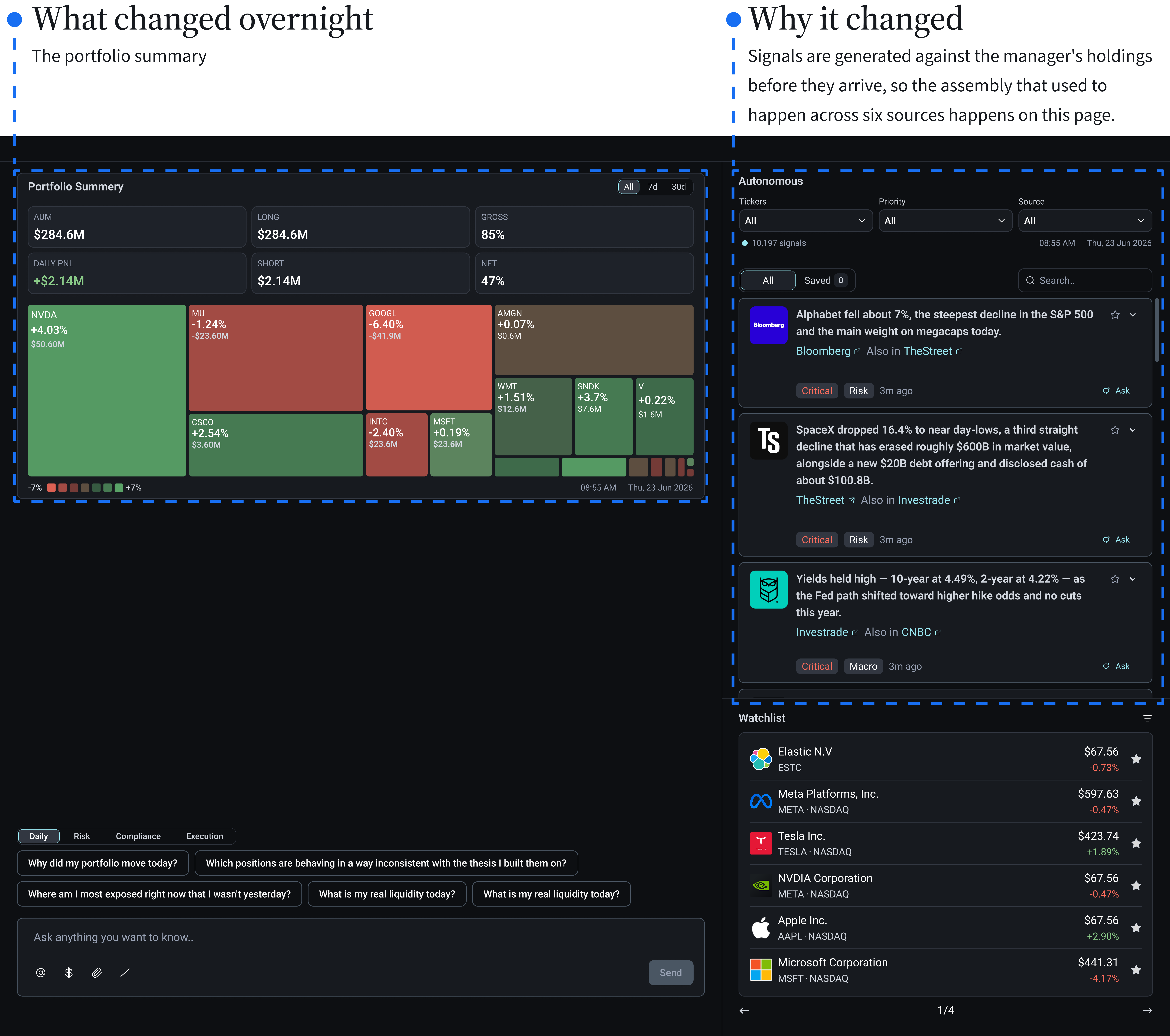 Home page — portfolio summary and Autonomous feed preview