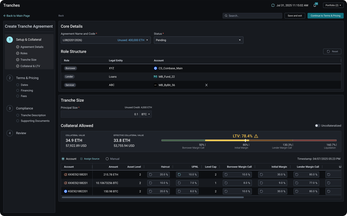 Collateral tranche view with live LTV calculation